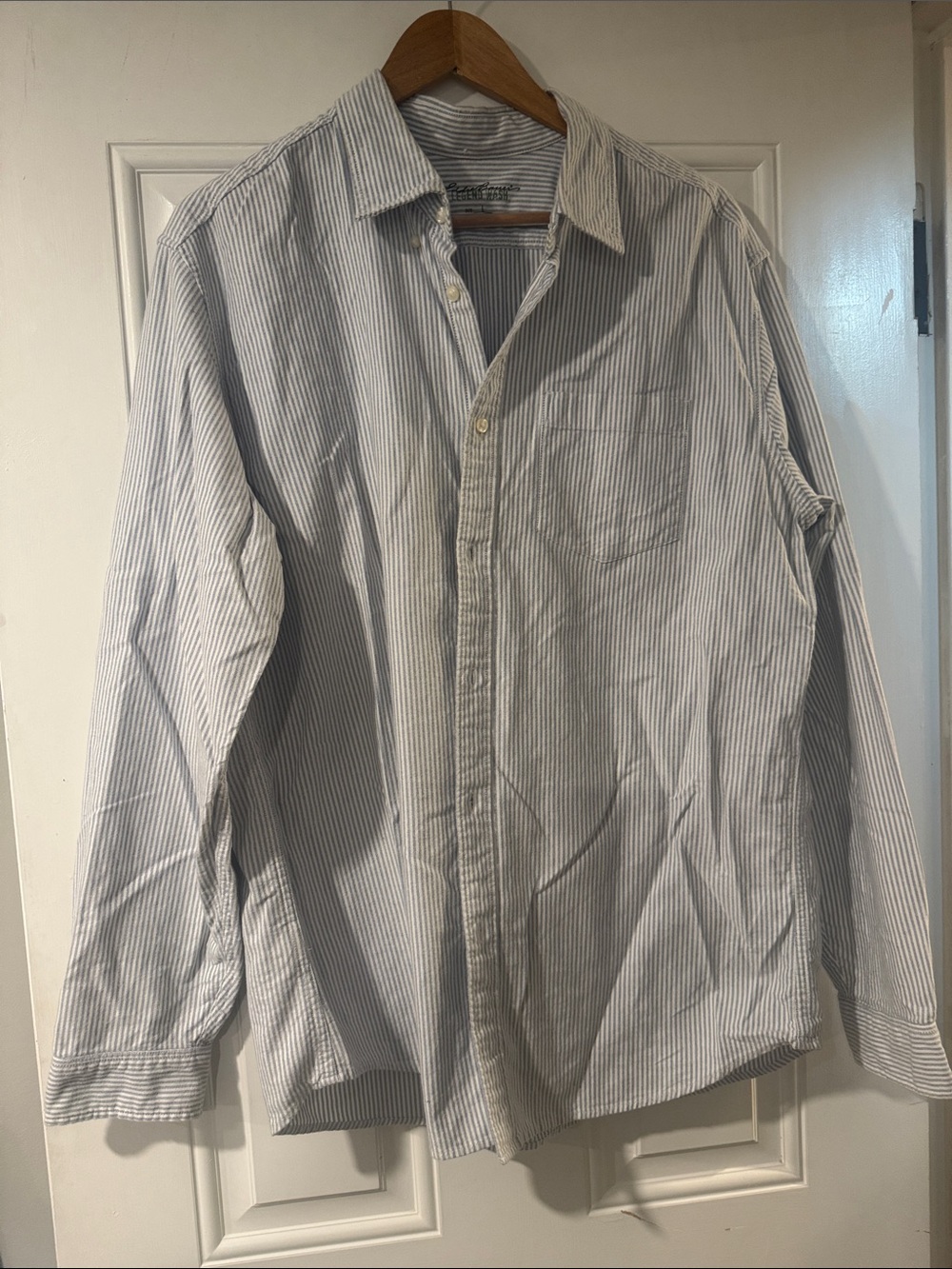 Eddie Bauer Men's White and Light Blue Pinstripe Button-Down Shirt